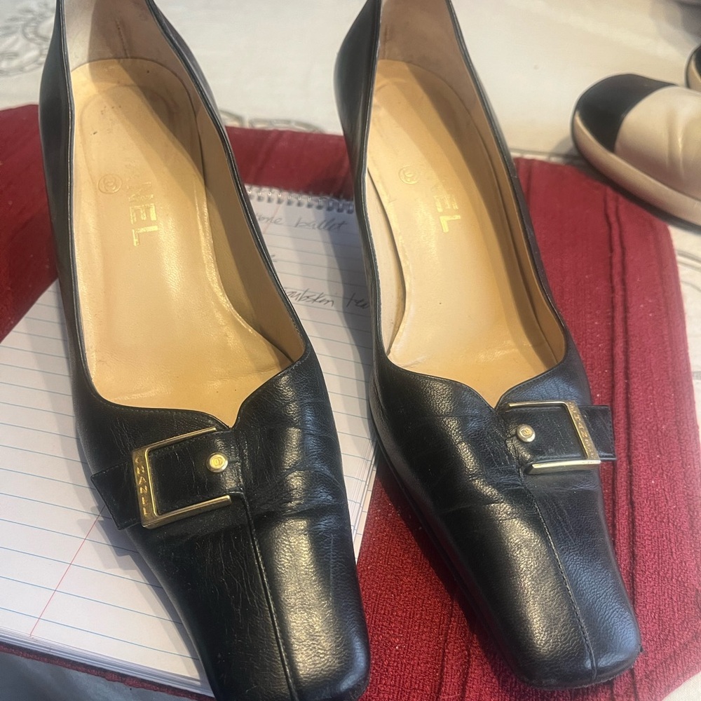 CHANEL Black Leather Heels with Gold Buckle